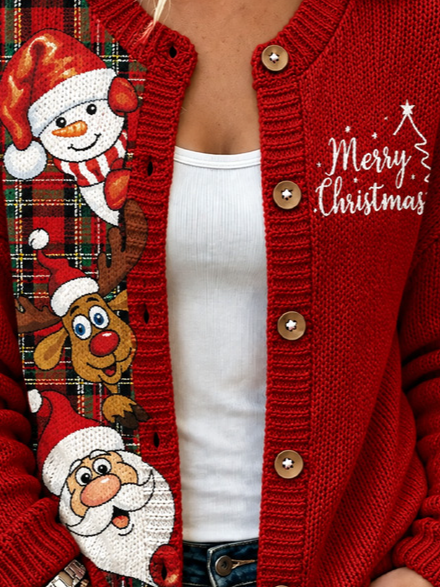 Women Plaid Long Sleeve Crew Neck Vintage Spring/Fall Cardigan Outerwear