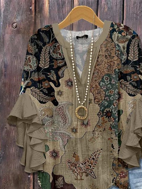Women Floral Half Sleeve Shirt Summer Printing V Neck Daily Casual Top