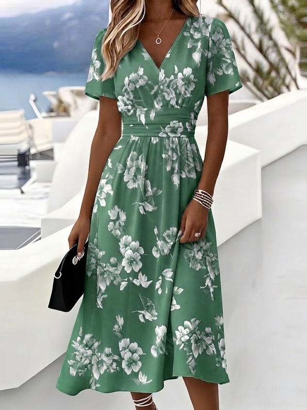 Women Floral Short Sleeve V Neck Dress Daily Elegant Maxi Beach Dress A-Line Summer Dress