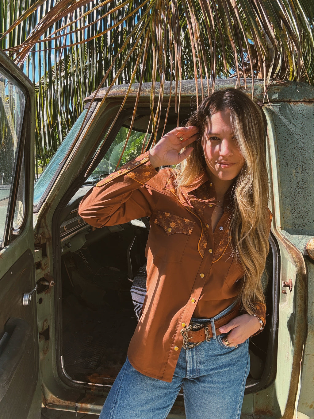 John Wayne Western Pearl Snap Button Up Top In Brown
