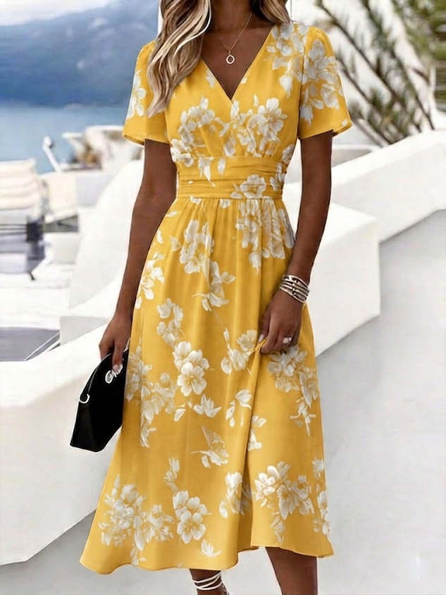 Women Floral Short Sleeve V Neck Dress Daily Elegant Maxi Beach Dress A-Line Summer Dress