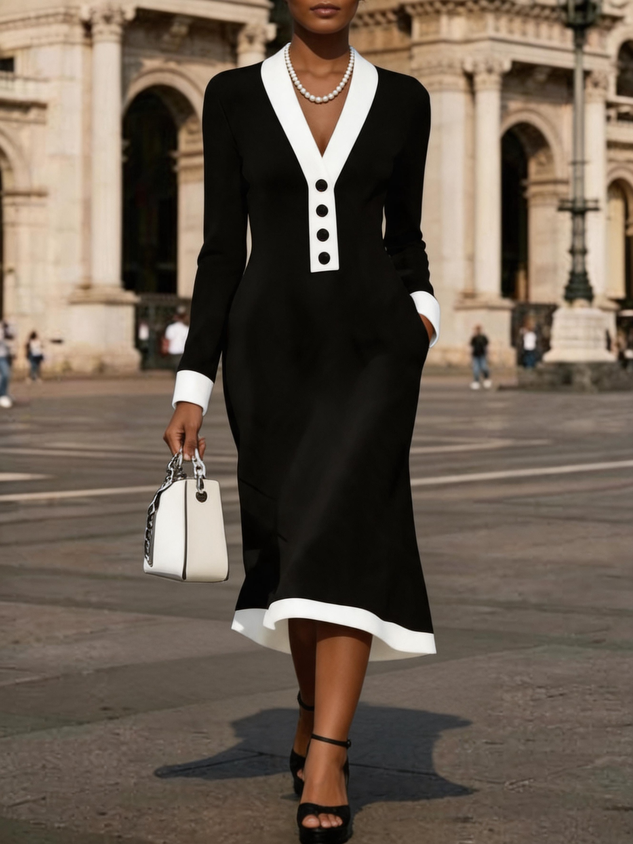 Women Plain Long Sleeve V Neck Dress Party Casual Midi Sweater A-Line Spring/Fall Dress