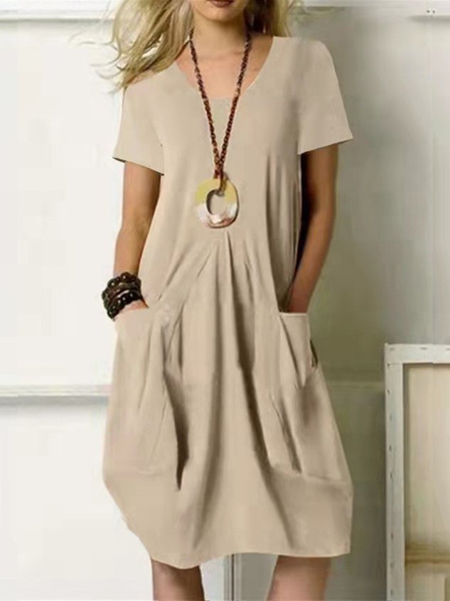 Women Plain Short Sleeve Crew Neck Dress Daily Casual Midi A-Line Summer Dress