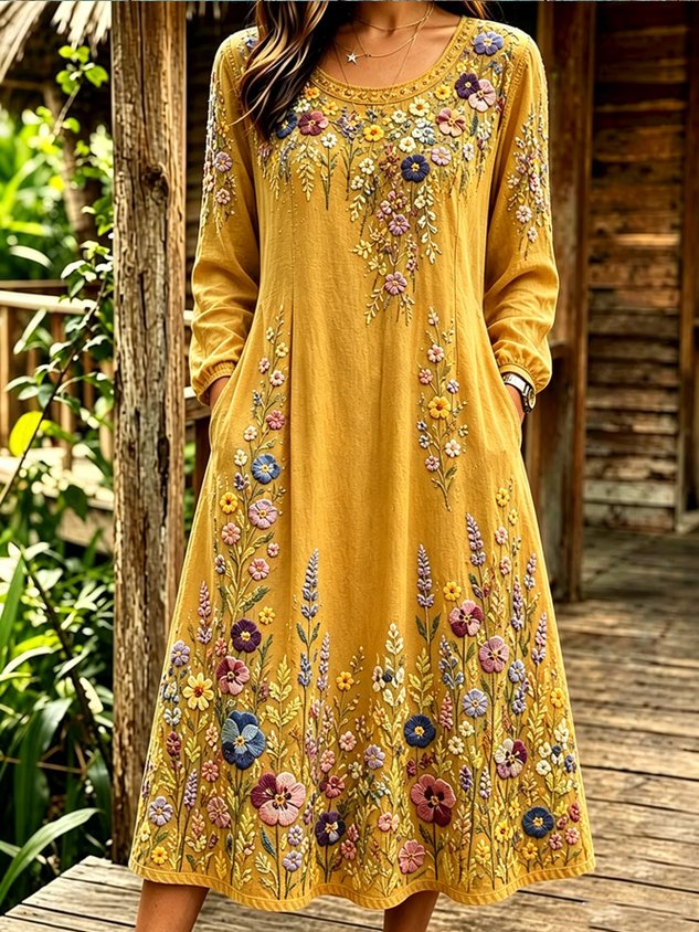 Women Floral Long Sleeve Crew Neck Dress Daily Vintage Maxi Linen H-Line Spring/Fall Dress