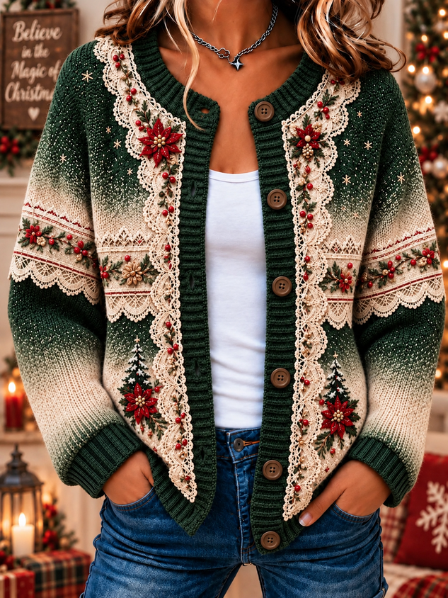 Women Christmas Printing Long Sleeve Crew Neck Vintage Spring/Fall Cardigan Outerwear
