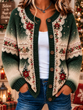 Women Christmas Printing Long Sleeve Crew Neck Vintage Spring/Fall Cardigan Outerwear