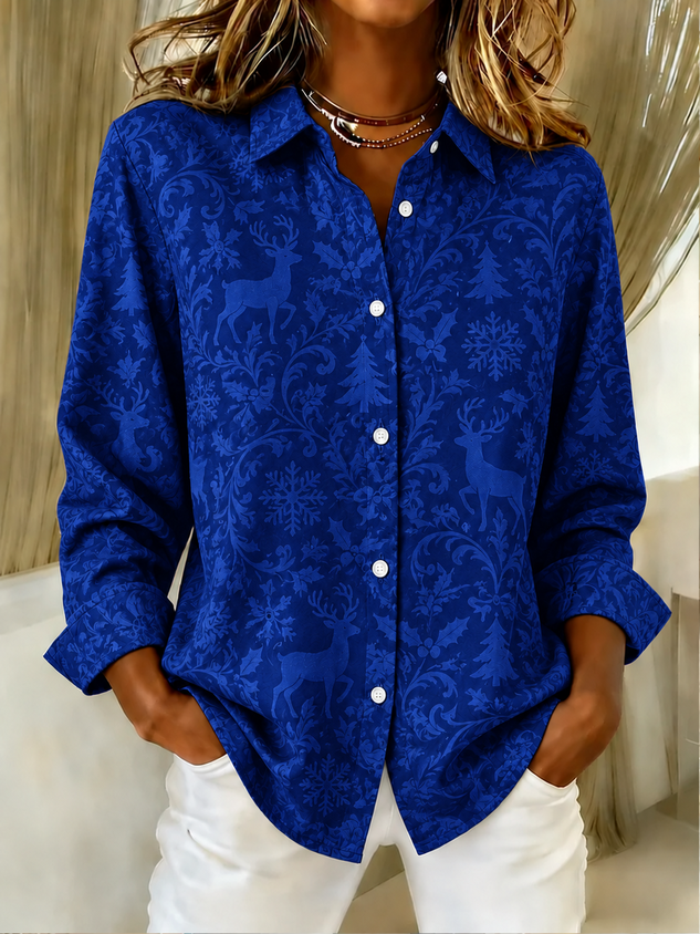 Women Christmas Shirt Collar Long Sleeve Shirt Printing Vintage Holiday Spring/Fall Top