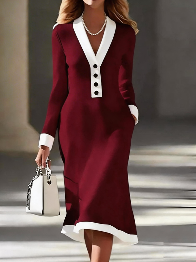 Women Plain Long Sleeve V Neck Dress Party Sexy Midi Hip Skirt A-Line Spring/Fall Dress
