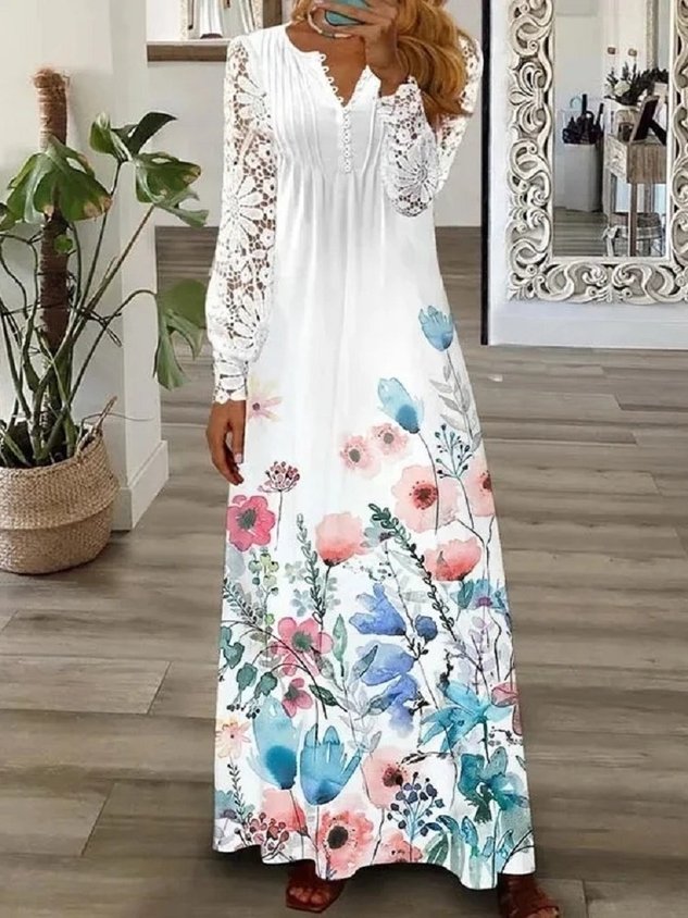 Women Floral Long Sleeve Spring/Fall Printing Dress V Neck Daily Vintage Maxi T-Shirt Dress A-Line Dress