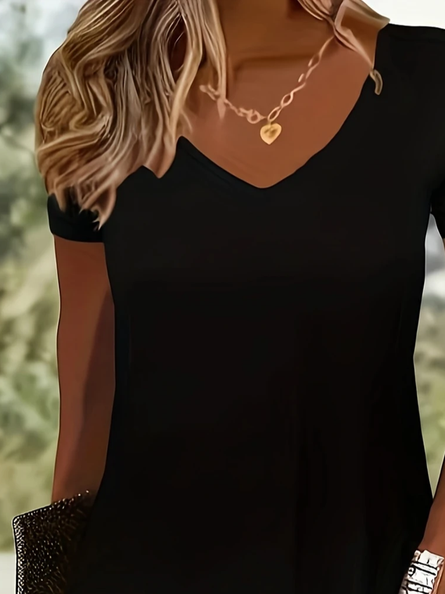 Women Little Black Dress Plain Short Sleeve Summer Dress V Neck Daily Casual Midi Fit & Flare Dress A-Line Dress