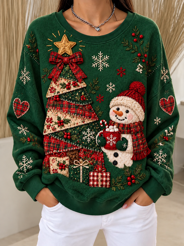 Women Christmas Snowman Crew Neck Printing Casual Spring/Fall Long Sleeve Sweatshirt