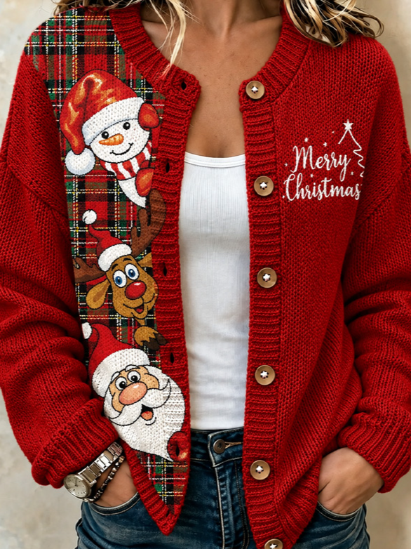 Women Plaid Long Sleeve Crew Neck Vintage Spring/Fall Cardigan Outerwear