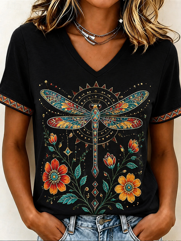 Women Geometric Short Sleeve Tee T-shirt V Neck Vintage Summer Top
