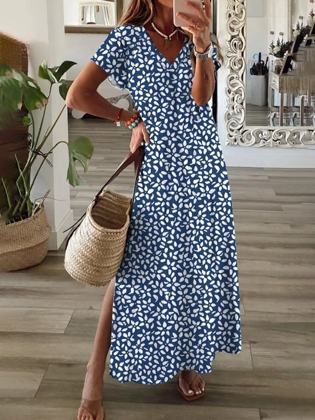 Women Floral Short Sleeve Summer Printing Dress V Neck Daily Casual Maxi T-Shirt Dress X-Line Dress
