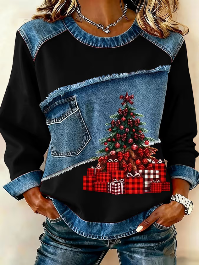 Women Christmas Crew Neck Printing Vintage Spring/Fall Long Sleeve Sweatshirt