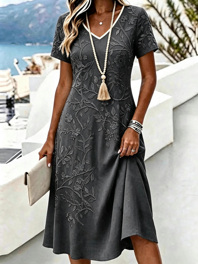 Women Floral Short Sleeve V Neck Dress Daily Vintage Midi A-Line Summer Dress