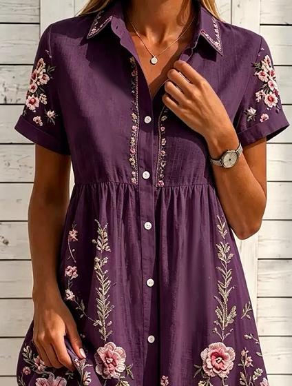 Women Floral Short Sleeve Shirt Collar Dress Daily Casual Midi A-Line Summer Dress
