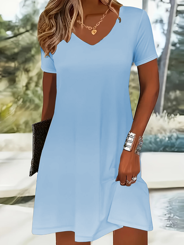 Women Little Black Dress Plain Short Sleeve Summer Dress V Neck Daily Casual Midi Fit & Flare Dress A-Line Dress