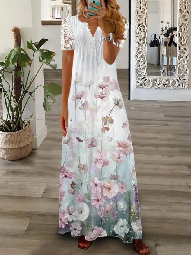 Women Floral Long Sleeve Spring/Fall Printing Dress V Neck Daily Vintage Maxi T-Shirt Dress A-Line Dress