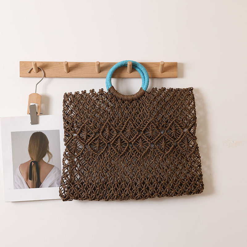 Round Handle Portable Square Straw Bag Summer Hollow Out Cutout Pattern Straw Bag Woven Bag Women Seaside Vacation Beach Bag