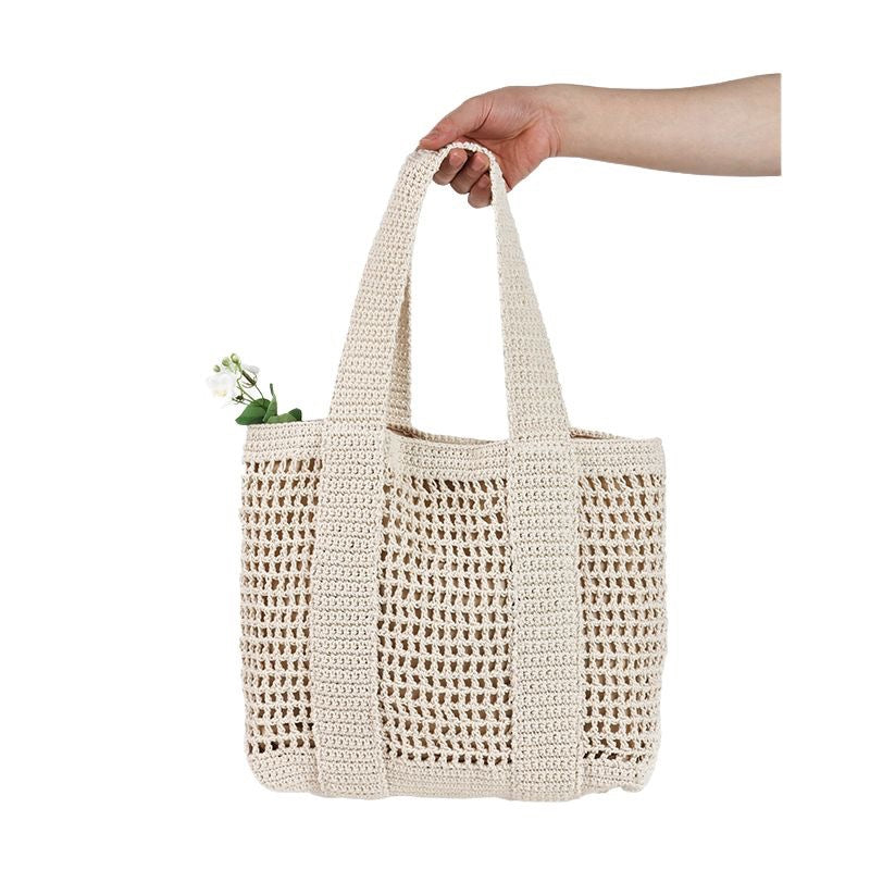 Casual Large Capacity Cotton Thread Woven Bag Hollow Out Cutout Straw Bag Seaside Vacation Beach Bag Mesh Shoulder Bag