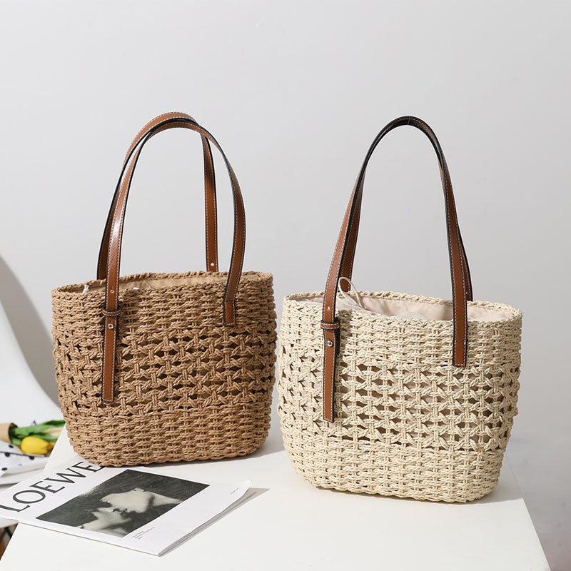Straw Woven Bag Women Hollow Out Cutout Handmade Straw Bag Woven Bag Shoulder Portable Straw Weaved Bag Seaside Vacation Beach Bag