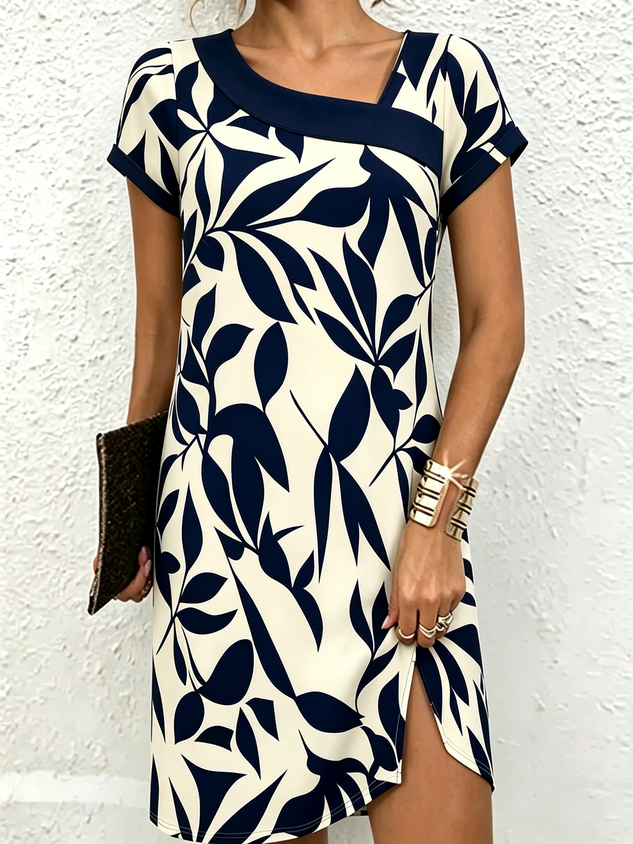 Women Floral Short Sleeve Asymmetrical Dress Daily Casual Midi H-Line Summer Dress