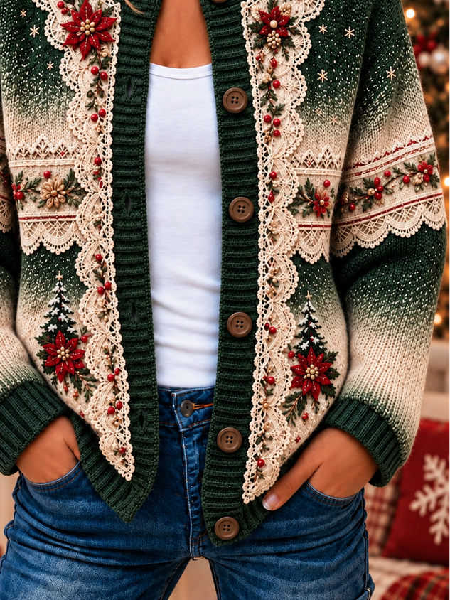 Women Christmas Printing Long Sleeve Crew Neck Vintage Spring/Fall Cardigan Outerwear