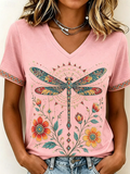 Women Geometric Short Sleeve Tee T-shirt V Neck Vintage Summer Top