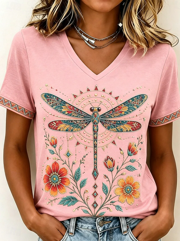 Women Geometric Short Sleeve Tee T-shirt V Neck Vintage Summer Top
