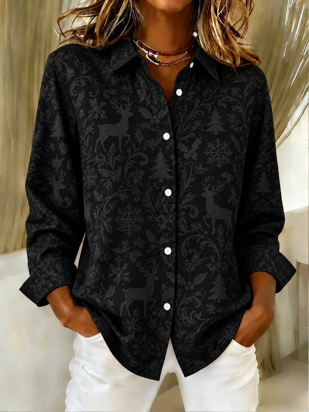 Women Christmas Shirt Collar Long Sleeve Shirt Printing Vintage Holiday Spring/Fall Top