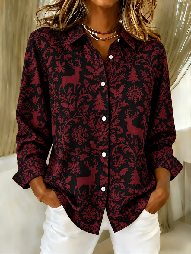 Women Christmas Shirt Collar Long Sleeve Shirt Printing Vintage Holiday Spring/Fall Top