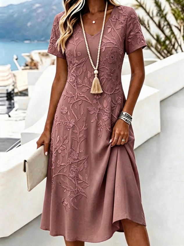Women Floral Short Sleeve V Neck Dress Daily Vintage Midi A-Line Summer Dress