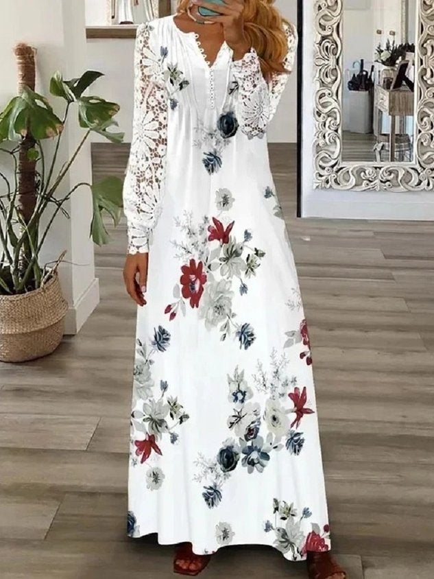 Women Floral Long Sleeve Spring/Fall Printing Dress V Neck Daily Vintage Maxi T-Shirt Dress A-Line Dress
