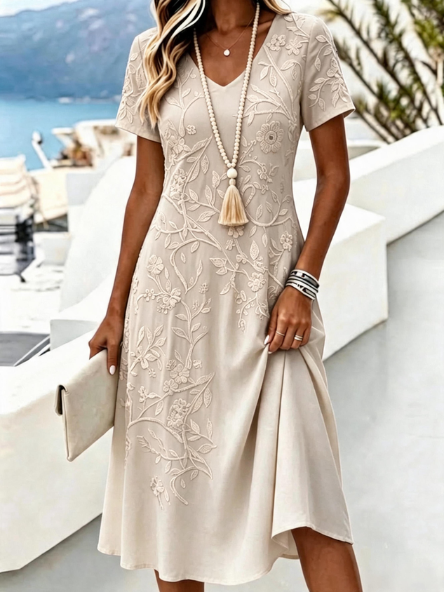 Women Floral Short Sleeve V Neck Dress Daily Vintage Midi A-Line Summer Dress