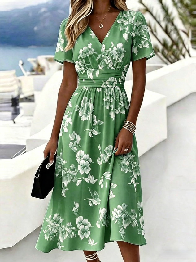 Women Floral Short Sleeve V Neck Dress Daily Elegant Maxi Beach Dress A-Line Summer Dress