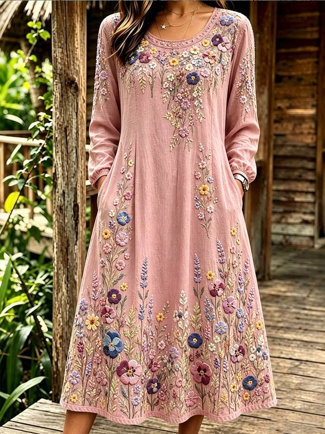 Women Floral Long Sleeve Crew Neck Dress Daily Vintage Maxi Linen H-Line Spring/Fall Dress