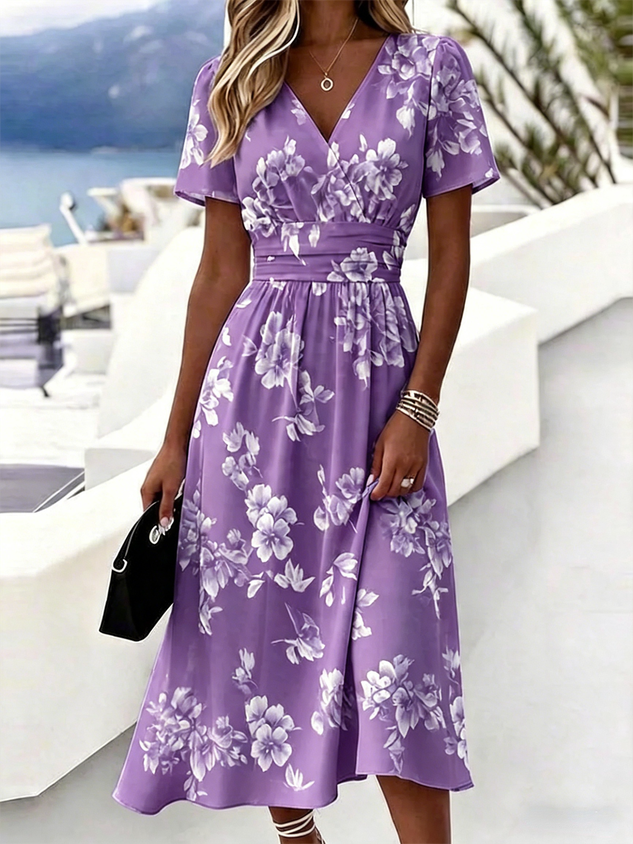 Women Floral Short Sleeve V Neck Dress Daily Elegant Maxi Beach Dress A-Line Summer Dress
