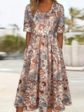 Women Floral Short Sleeve Summer Printing Dress Crew Neck Daily Casual Maxi Shift Dress H-Line Dress