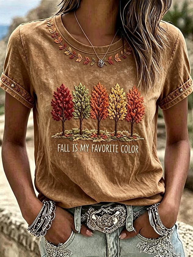 Women Maple Leaf Short Sleeve Tee T-shirt Crew Neck Printing Casual Graphic Tee Summer Top
