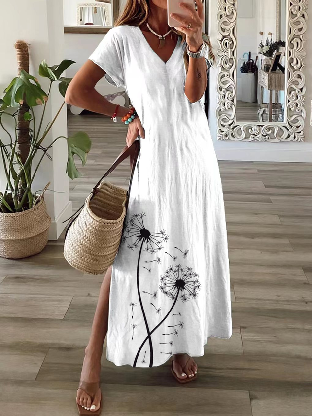 Women Floral Short Sleeve Summer Printing Dress V Neck Daily Casual Maxi T-Shirt Dress X-Line Dress
