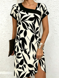 Women Floral Short Sleeve Asymmetrical Dress Daily Casual Midi H-Line Summer Dress