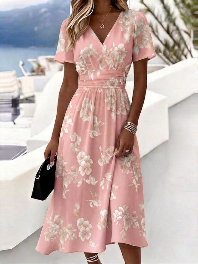 Women Floral Short Sleeve V Neck Dress Daily Elegant Maxi Beach Dress A-Line Summer Dress