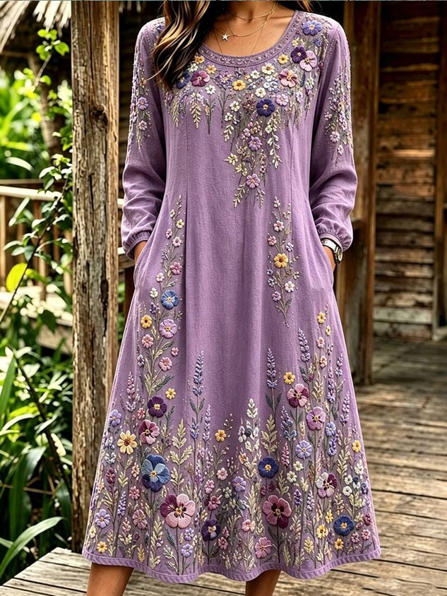 Women Floral Long Sleeve Crew Neck Dress Daily Vintage Maxi Linen H-Line Spring/Fall Dress