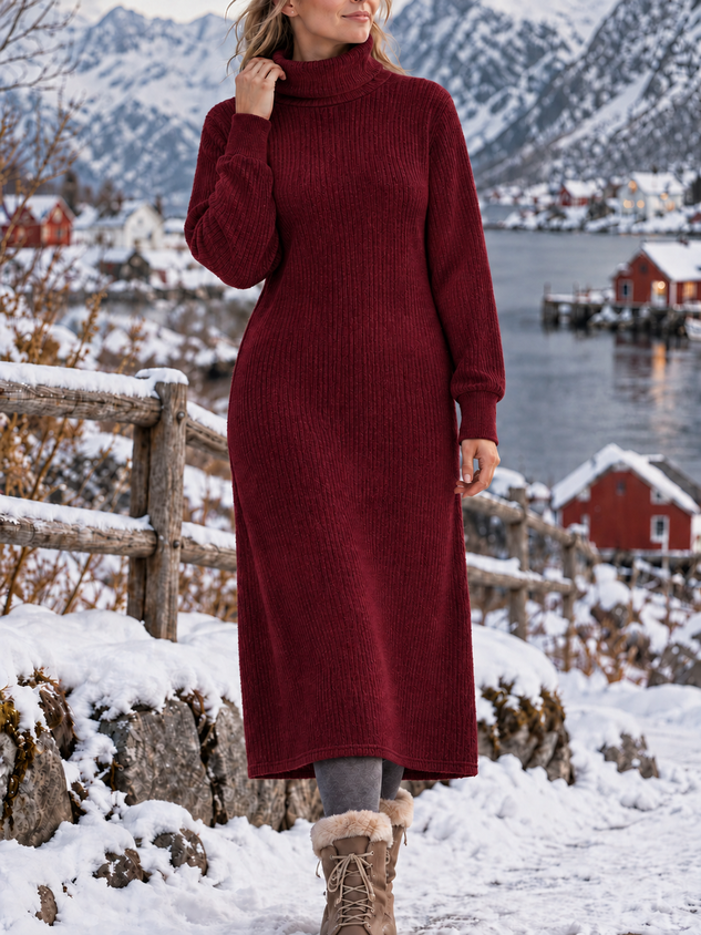 Women Plain Long Sleeve Turtleneck Dress Daily Casual Maxi Shift Dress H-Line Spring/Fall Dress