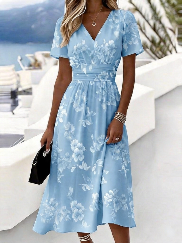 Women Floral Short Sleeve V Neck Dress Daily Elegant Maxi Beach Dress A-Line Summer Dress