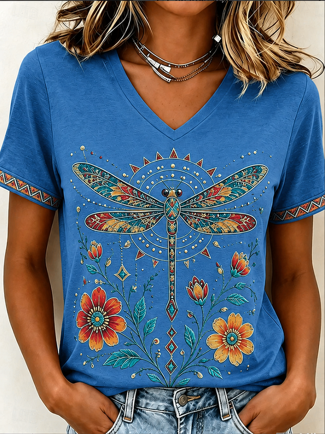 Women Geometric Short Sleeve Tee T-shirt V Neck Vintage Summer Top