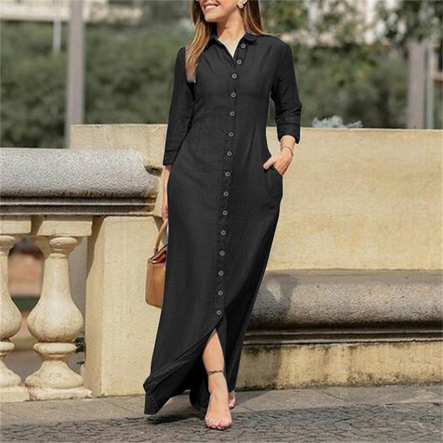 Women Plain Long Sleeve Spring/Fall Dress Stand Collar Daily Casual Maxi Shirt Dress H-Line Dress