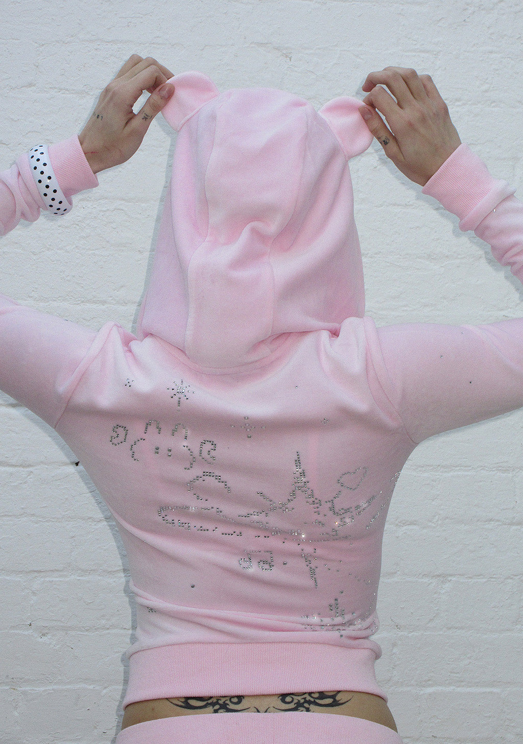 DREAMER RHINESTONE VELOUR TEDDY ZIP HOODIE BABY PINK