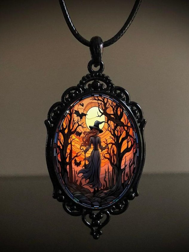 Vintage Gothic Halloween Bat Witch Pendant Necklace